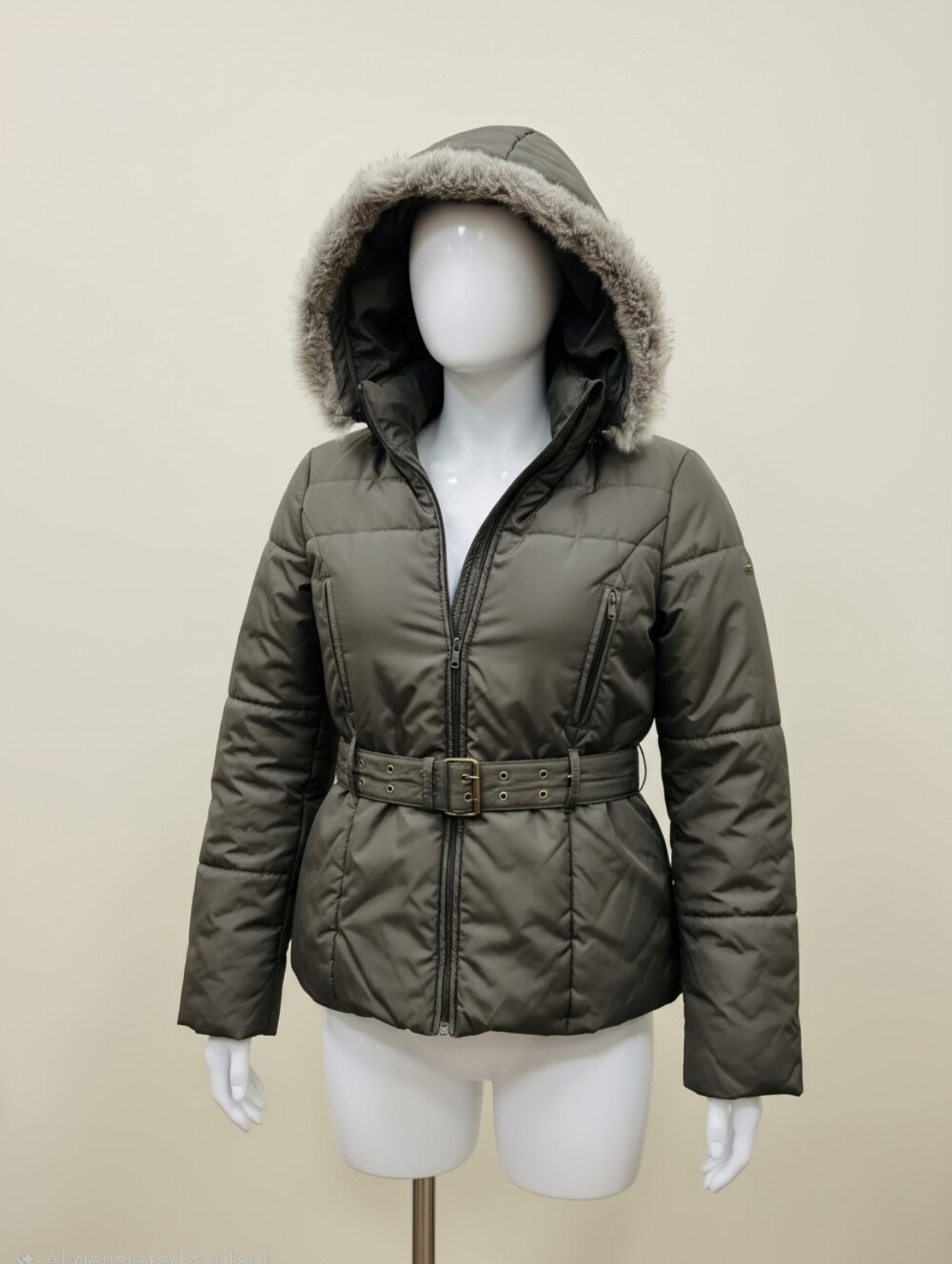 Size L Rudsak Women’s Quilted Hooded Belted Puffer Jacket - Olive
